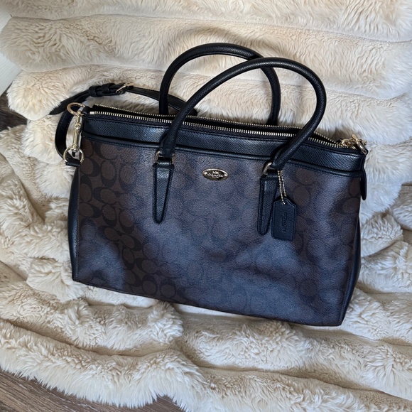 Coach Black/Brown Signature Coated Canvas Morgan Tote F34617 - Picture 1 of 12